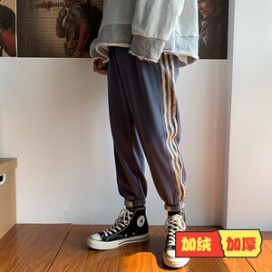 K9003-P40 加绒-P50 三条杠条纹加厚加绒运动裤男大码束脚休闲裤图片