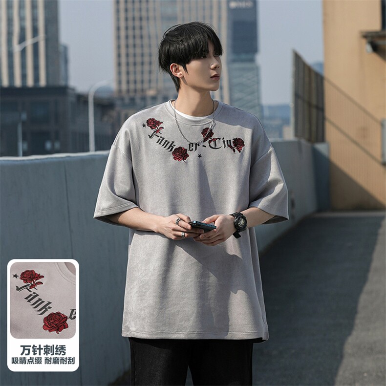 109-T988-P32 M-6XL大码麂皮绒美式重磅玫瑰刺绣短袖宽松T恤 控49图片