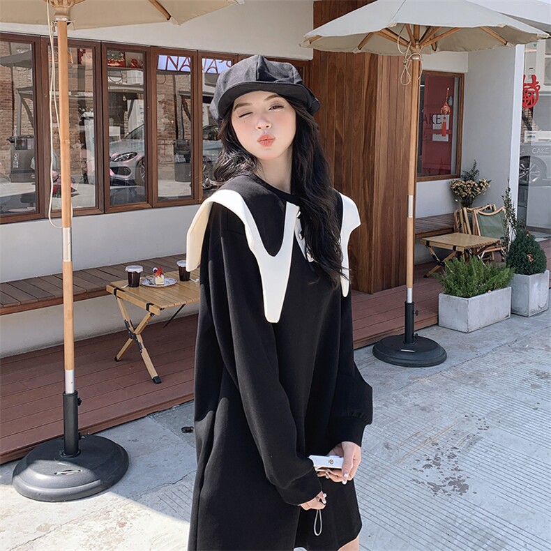 黑色娃娃领卫衣连衣裙春秋女2024新款小个子宽松减龄中长款卫衣裙,女装连衣裙,诺蝶