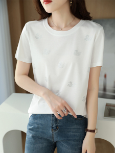 夏季女士丝光棉短袖t恤女夏黑色体恤衫镶钻女装上衣大码刺绣纯棉T图片