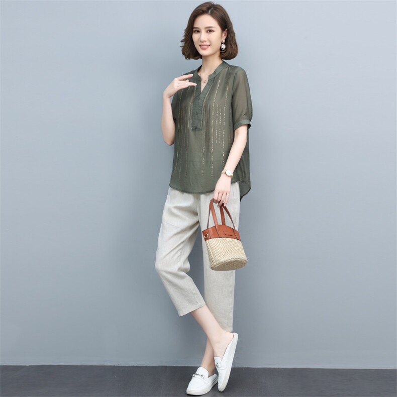 时尚镶钻V领气质休闲上衣+宽松九分裤套装,女装套装/套裙,依恋蒂丝