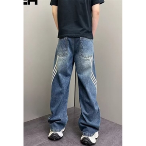 水洗条纹拼接弯刀牛仔裤男ins潮牌宽松阔腿裤高街长裤子 NB833图片