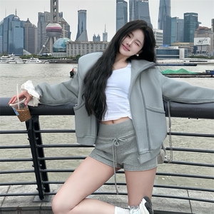 抖音得物高品质秋冬美式高街重磅结构辑明线纹理连帽卫衣外套W111图片