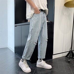 春夏男士破洞九分裤宽松直筒休闲修身小脚潮牌牛仔裤子图片