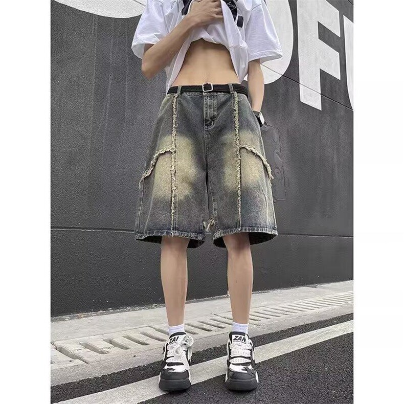 毛边泥黄色牛仔短裤男夏季水洗做旧过膝马裤美式高街复古五分裤子,男装牛仔裤,星座218-1（原230）