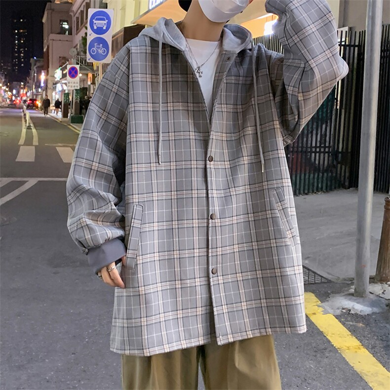 F6018/P80春装新款格子外套风衣男连帽宽松韩版中长款男上衣控118,男装风衣,电商A141