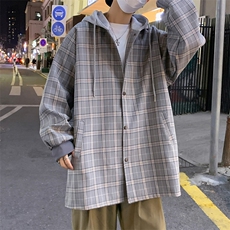 F6018/P80春装新款格子外套风衣男连帽宽松韩版中长款男上衣控118，男装风衣，电商A141