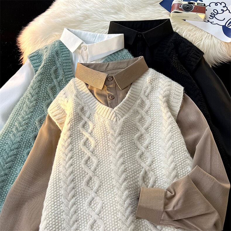 主推款男士假两件衬衫领新款刺绣针织打底衫CS38-P78，男装T恤，电商B278