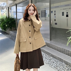 卡其色日系撞色翻领外套女秋季2025新款气质高级感气质插肩袖外套，女装风衣，2C258