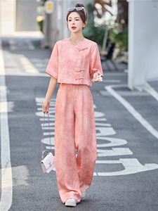 巨好看的年轻洋气套装女2025夏季新款民国风中式盘扣超火两件套裤图片