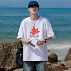 X5男女休闲新中式枫叶印花圆领半袖五分袖T恤衫大码TEE，男装T恤，星座115A-3