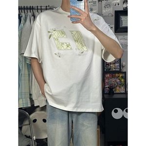 花伴竹刺绣短袖T恤男女情侣潮牌夏季时尚上衣 T8028图片