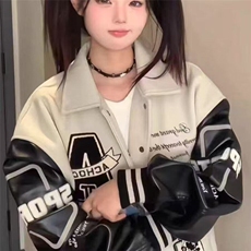 长袖宽松型常规美式复古翻领刺绣棒球服外套单排扣口袋单件慵懒，男装夹克，星座506A
