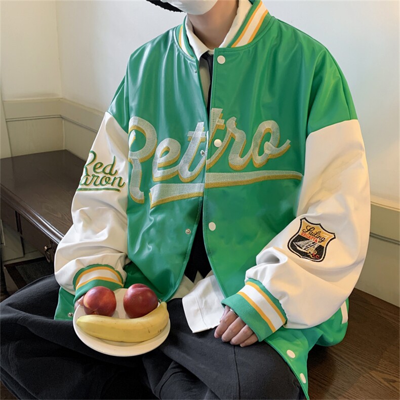 特批72控128秋款pu皮拼色男士棒球领刺绣外套机动皮夹克潮PJ222,男装夹克,电商B370