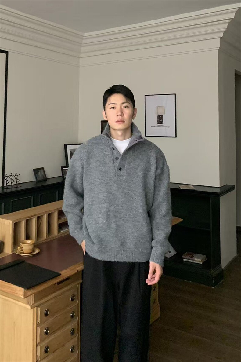 网图老钱风半高领毛衣男秋冬重磅800g纽扣针织衫外套-A2329TP68,男装针织衫/毛衣,电商B241