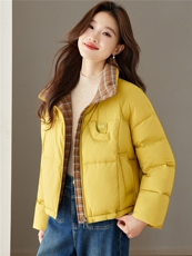 2025年冬季格子拼接立领短款白鸭绒羽绒服短外套，女装羽绒服，简韵佳