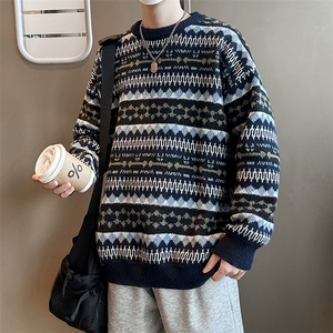 B287-P55 2024秋冬新款韩系慵懒风毛衣男潮牌条纹针织衫上衣外套图片