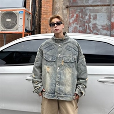 美式街头复古水洗压印牛仔外套ins潮设计感破洞工装夹克-J829，男装夹克，星座601-2