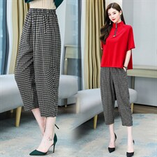 2021年夏季新款千年格休闲棉麻松紧腰裤子，女装婚纱/旗袍/礼服，蓝诺裳