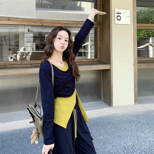 藏青色又a又飒披肩显瘦t恤套装女秋季2025新款工装阔腿裤两件套图片