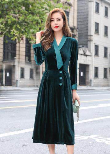 秋季丝绒修身连衣裙，女装连衣裙，蓝芝衣秀