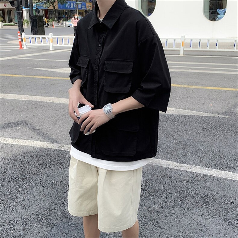 2025夏装多口袋工装短袖衬衫男宽松休闲大码衬衣C300P40,男装衬衫,电商C323