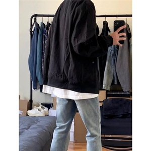 1506/QXK170/P42美式复古黑色拉链潮牌宽松痞帅工装棒球服夹克男图片