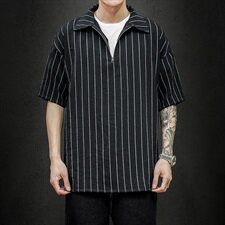 灰墙夏季条纹拉链新款短袖体恤衫潮男宽松大码polo衫T2005-P40，男装Polo衫，电商A177