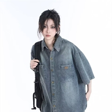 夏季短袖牛仔衬衫女ins潮牌港风小众设计感宽松半袖外套LJ177-P54，男装T恤，星座1008