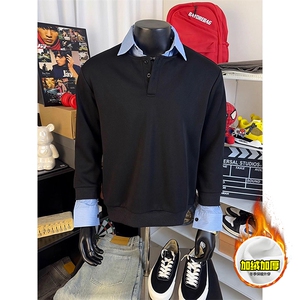 重磅加绒硬挺boxy男女美式高街假两件衬衫领长袖卫衣POLO领打底衫,男装T恤,电商A486