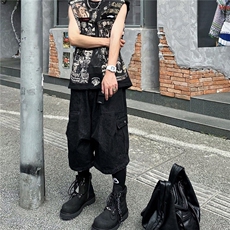 美式高街多口袋黑色七分裤男vibe宽松痞帅阔腿牛仔短裤LF6211-p47，男装牛仔裤，星座1008