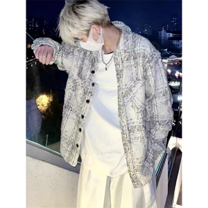 潮嘻哈小香风格子翻领外套男女秋季休闲百搭高级感粗纺夹克上衣图片
