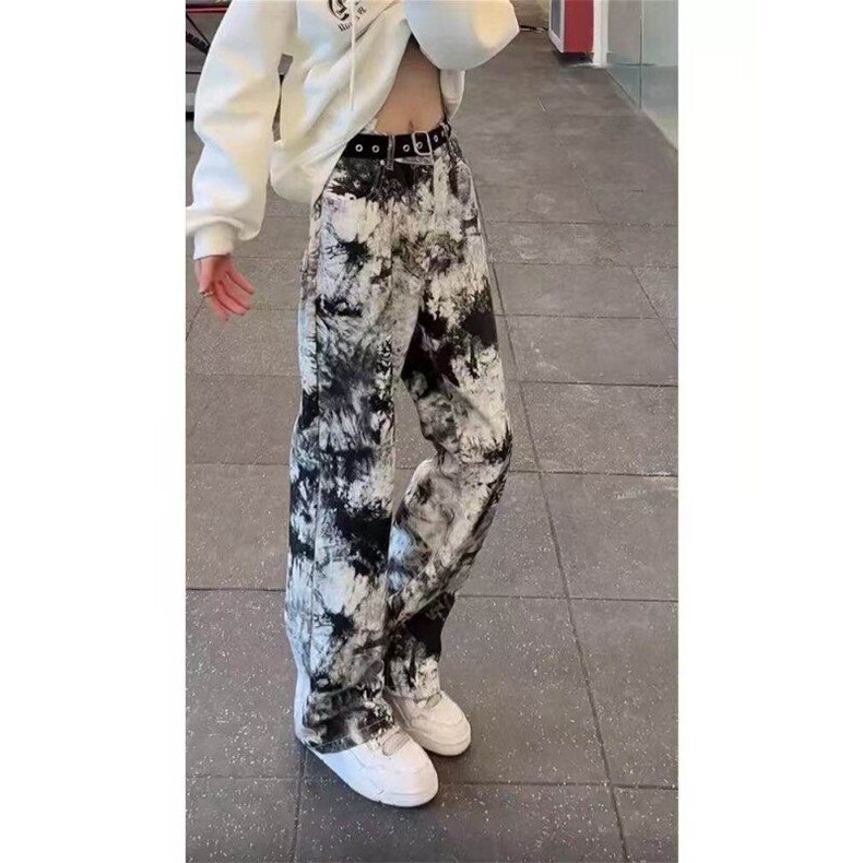 新中式水墨扎染直筒牛仔裤男春秋季美式高街vibe设计感修身微喇裤,男装牛仔裤,星座613