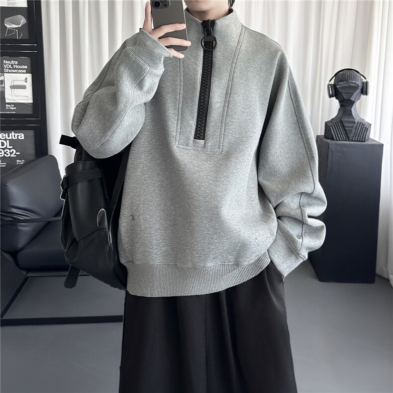 韩版解构设计灰色半拉链长袖套头卫衣男女同款RT327-P88，男装卫衣，星座1017