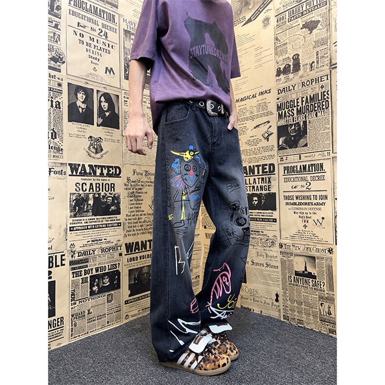 美式复古高街涂鸦牛仔裤男女宽松显瘦直筒阔腿裤N185-P45,男装牛仔裤,星座308B-2