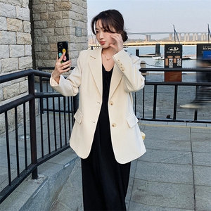 2024年春季新款韩版简约休闲宽松纯色西装外套套装黑色长款裙子女图片