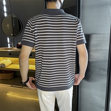轻熟风复古潮流黑白条纹短袖修身透气休闲上衣夏季男士针织Polo衫，男装T恤，星座506