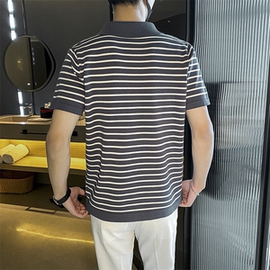 轻熟风复古潮流黑白条纹短袖修身透气休闲上衣夏季男士针织Polo衫图片