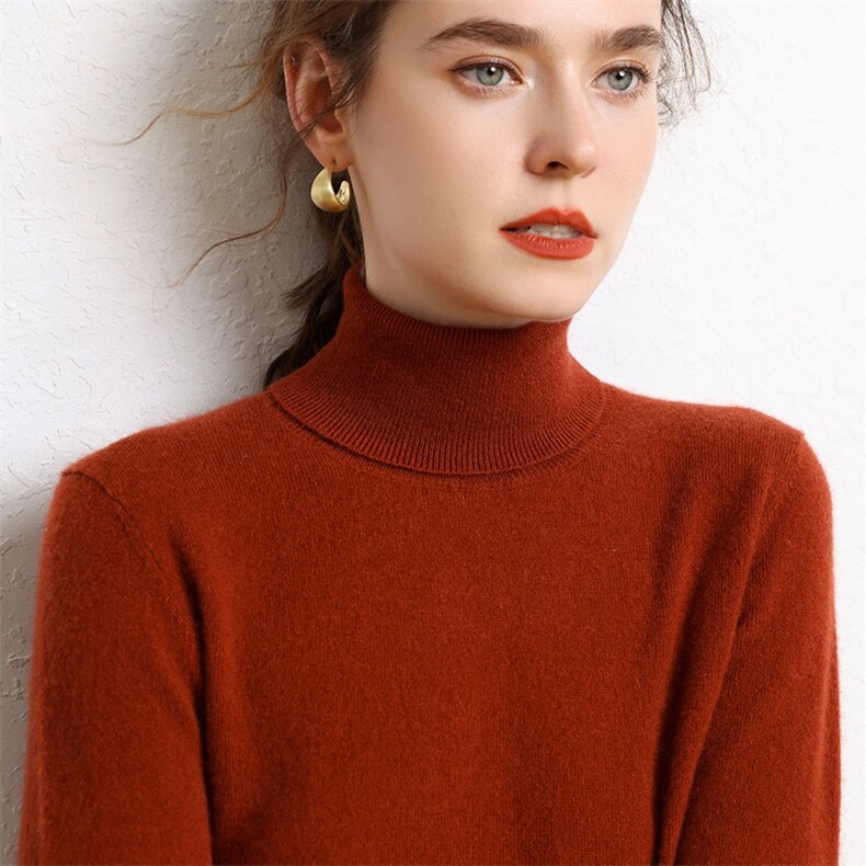 2024秋冬新款纯色羊绒毛衣女高翻领打底衫修身针织细腻衫薄款，女装羊绒衫，纳丰羊绒