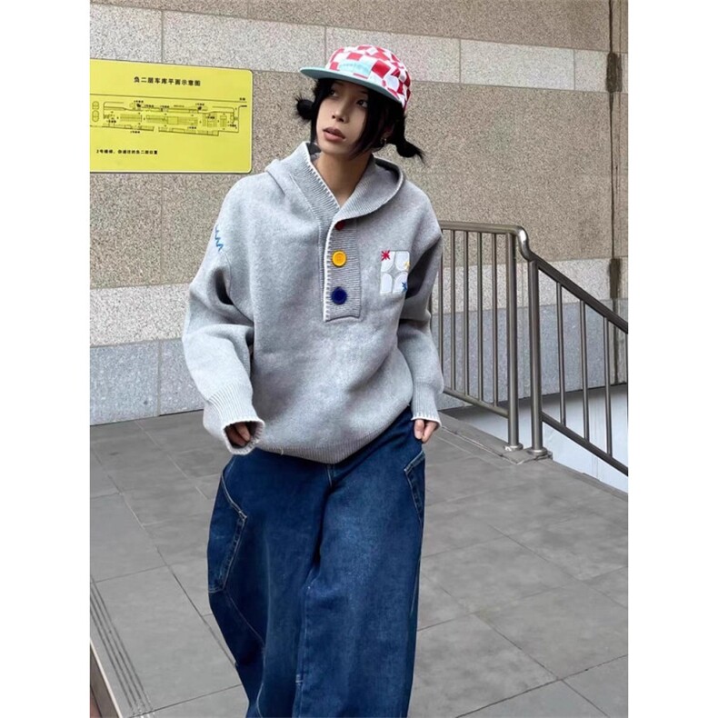 多巴胺彩扣刺绣连帽针织衫男秋季潮牌高级感卫衣情侣外套MY9601,男装针织衫/毛衣,星座516A