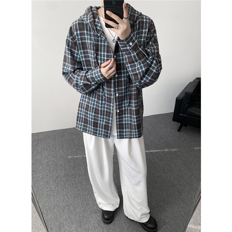 连帽格子衬衫男春季宽松大码慵懒风复古潮牌格纹休闲外套CS29011,男装衬衫,电商B312