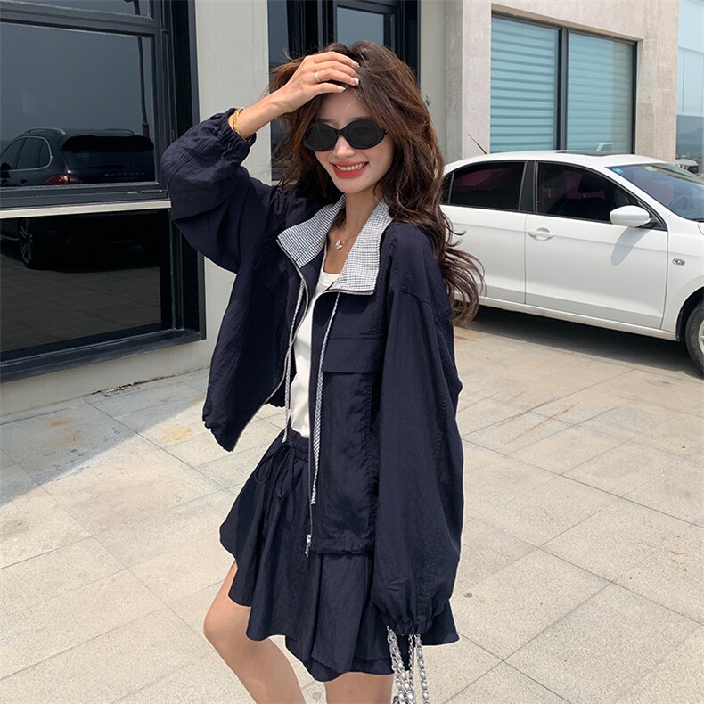 韩系chic穿搭蓝色上衣套装女春秋超火好看高级小众半身短裙两件套，女装运动套装，浙宝285（原212）