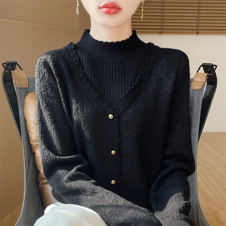 2025年秋季新款百搭女士假两件针织开衫,针织衫/毛衣,百色羊绒
