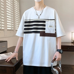 25171-特P40 夏季圆领T恤男短袖打底衫青少年潮牌印花条纹短袖T恤图片