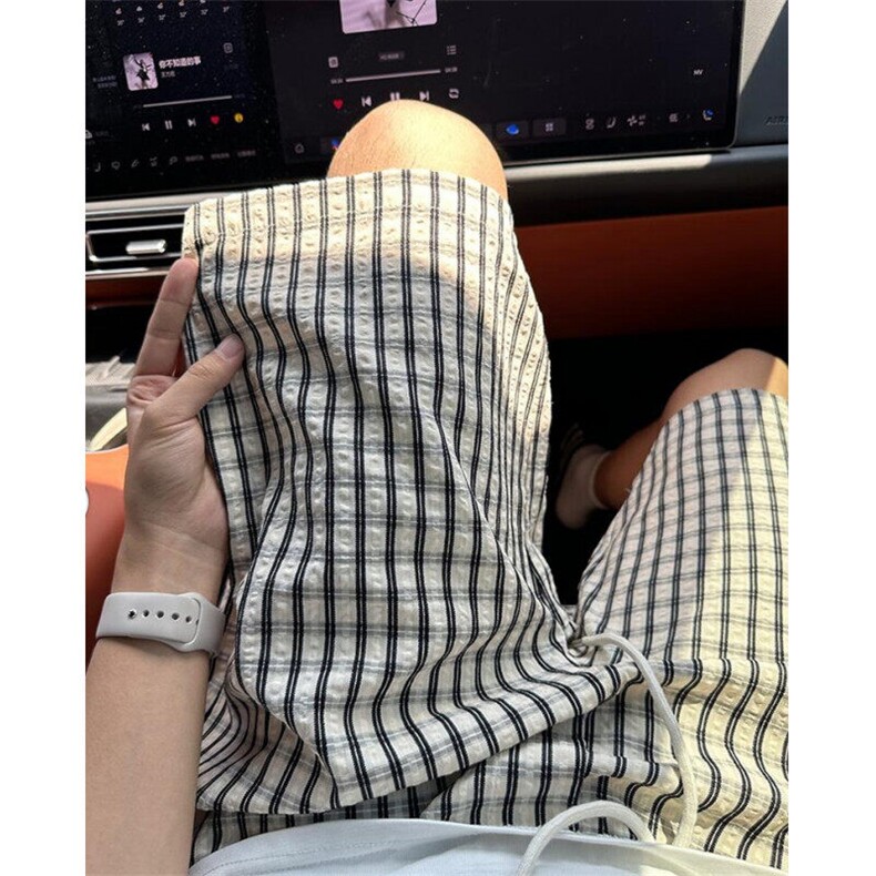 蓝色泡泡纱格子短裤男款夏季薄款冰丝速干裤美式潮牌情侣五分裤子,男装牛仔裤,星座1116A（原606A-3）