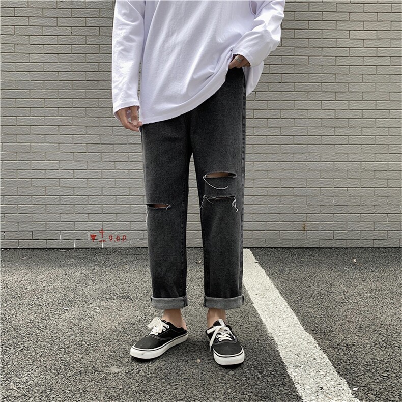 破洞牛仔裤港风宽松直筒裤子潮流休闲百搭九分裤1008-KZ07,男装牛仔裤,星座1008