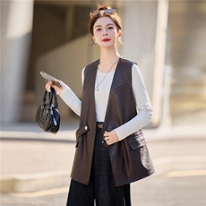 【春季女装新款】2026大量现货春季时尚百搭中长款皮衣马甲外套，女装皮衣，缘衣格