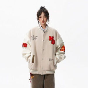 网络图现货 美式复古黑红拼接刺绣男女款春秋宽松棒球服J5516-P70图片