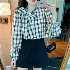 春季长袖内搭纯棉衬衣蝴蝶结格子衬衫小众上衣，女装衬衫，美吧服饰