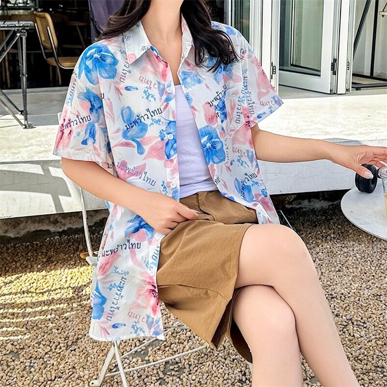 海边旅游度假风短袖花衬衫女夏威夷ins沙滩衬衣复古港风CS128/P30,女装衬衫,星座506